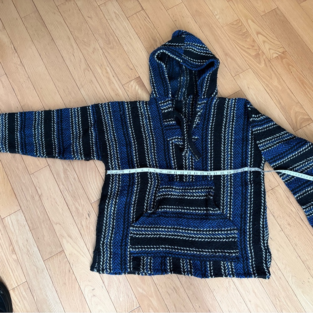 Hippie hoodie Blue and Black Striped poncho XL